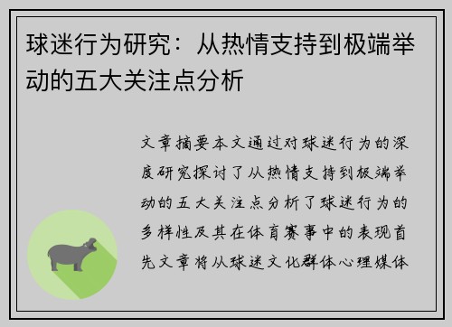 球迷行为研究：从热情支持到极端举动的五大关注点分析